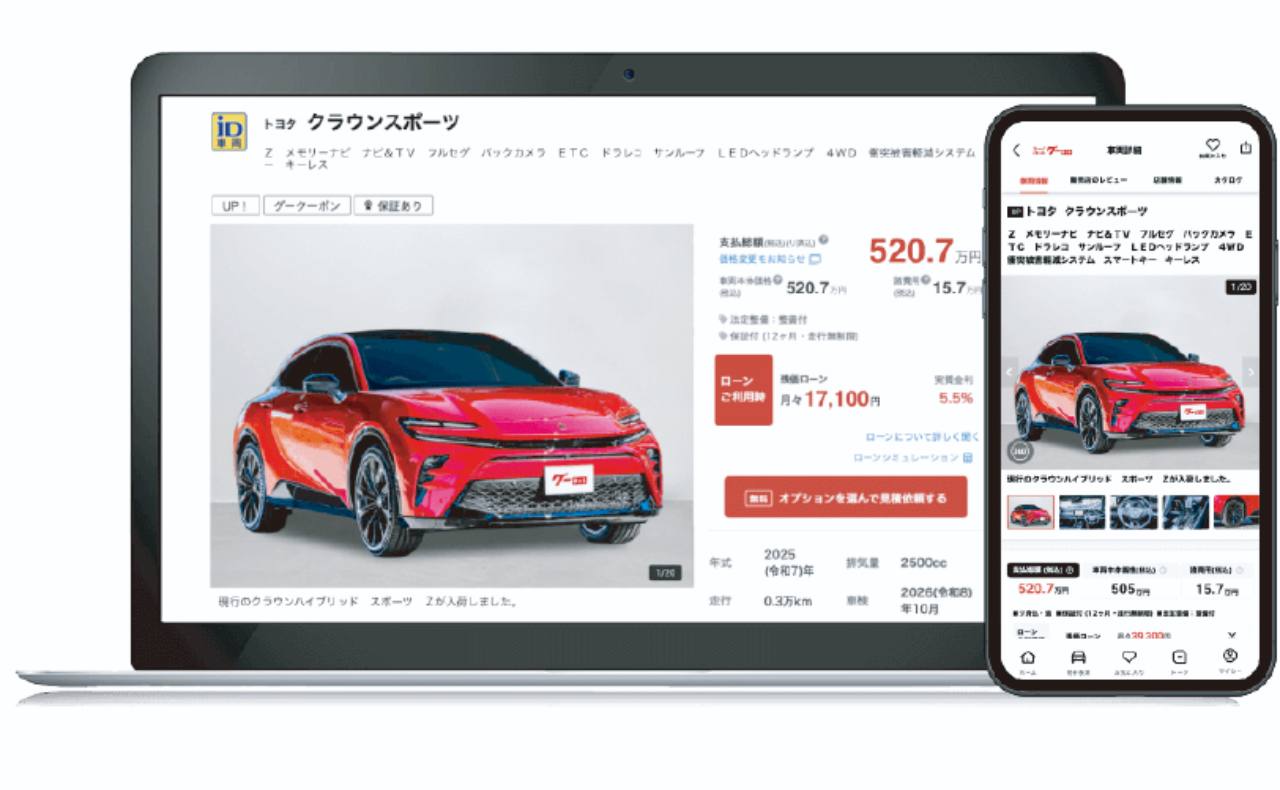 グーネットの中古車情報を表示したパソコンとスマートフォン